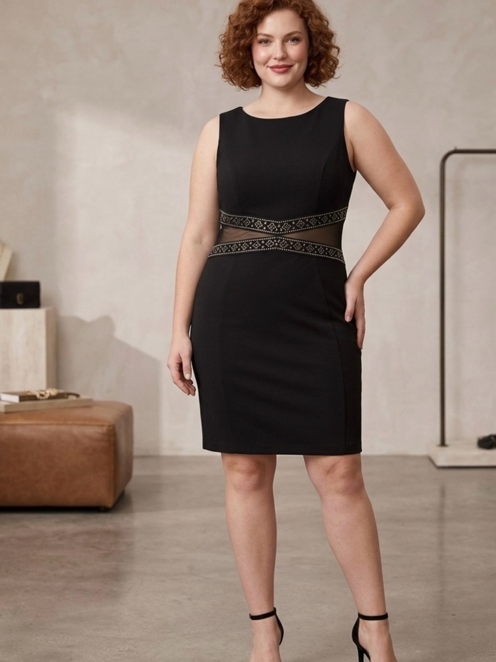Black Sleeveless Mini Dress with Decorative Waistband